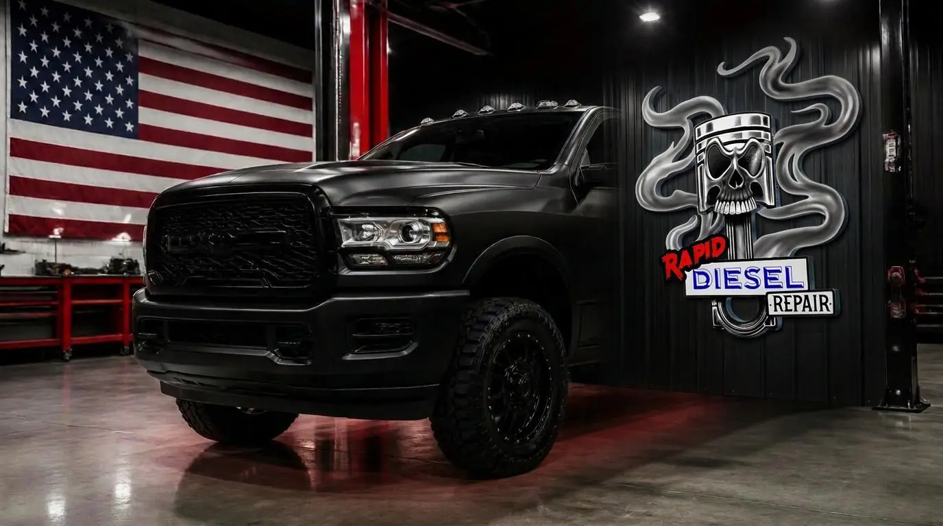 Heavy duty diesel pickup truck inside the Rapid Diesel Repair shop in Ontario, CA